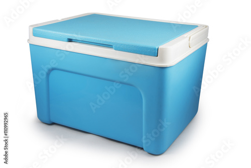Handheld blue refrigerator isolated over white background. cooler photo