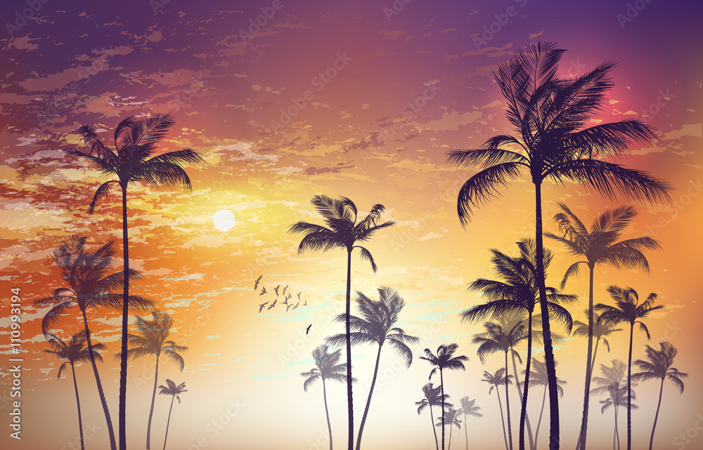 Exotic tropical palm tree landscape   at sunset or moonlight,  with cloudy sky. Highly detailed  and editable