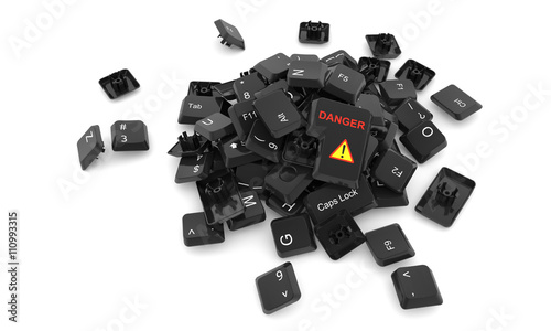 Stack of keyboard buttons isolated on white background with Danger  word and sign on one of them