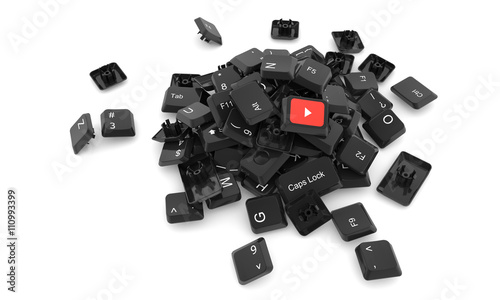 Stack of keyboard buttons isolated on white background with Play sign on one of them