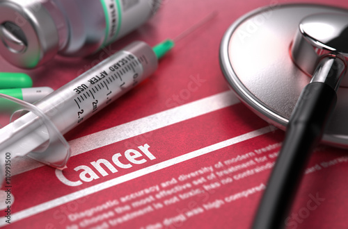 Cancer - Printed Diagnosis on Red Background and Medical Composition - Stethoscope, Pills and Syringe. Medical Concept. Blurred Image. 3D Render.
