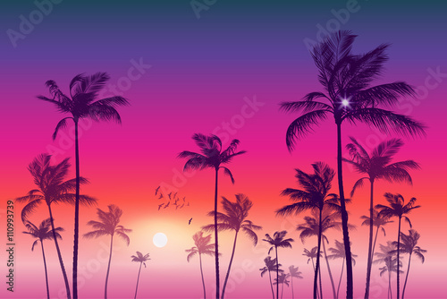 Fototapeta Naklejka Na Ścianę i Meble -  Exotic tropical palm tree landscape   at sunset or moonlight,  with cloudy sky. Highly detailed  and editable