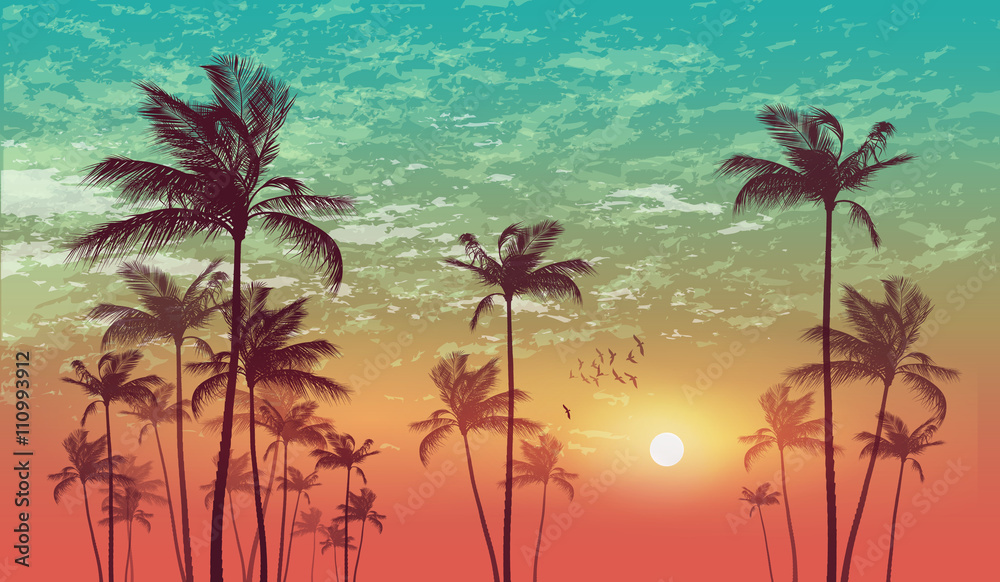 Fototapeta Egzotyczny tropikalny drzewko palmowe krajobraz przy zmierzchem lub blaskiem księżyca, z chmurnym niebem. Bardzo szczegółowe i edytowalne