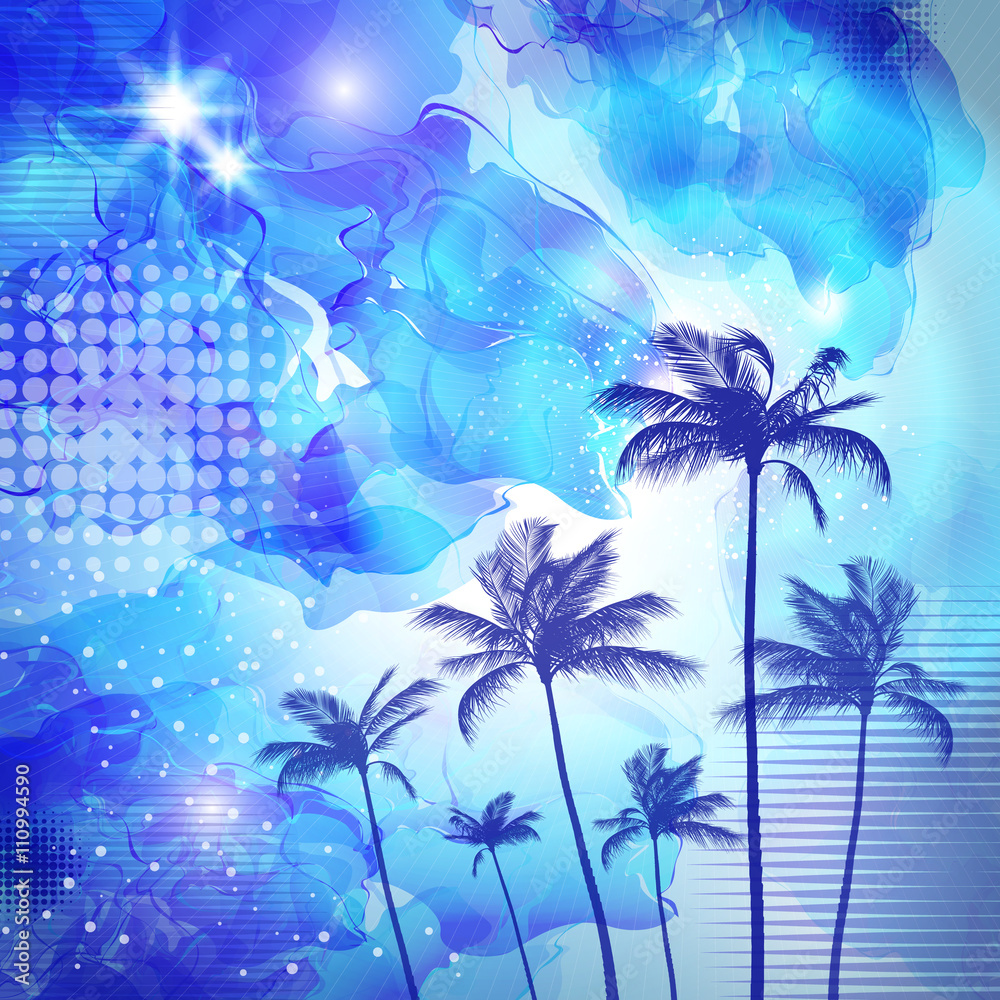Exotic tropical palm trees  with fantasy sunset background. Highly detailed  and editable
