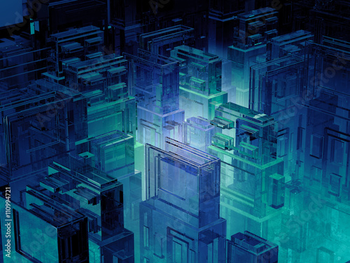 3d illustration of futuristic micro chip city. Computer science information technology background. Sci fi megalopolis.