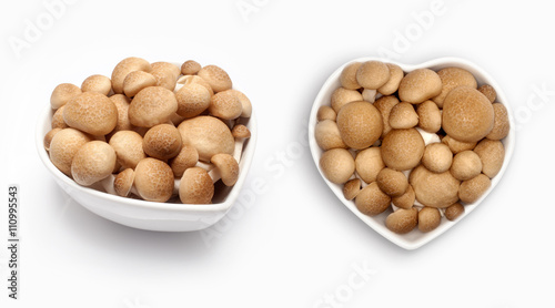 Shimeji mushroom in a heart shaped bowl, isolated on white