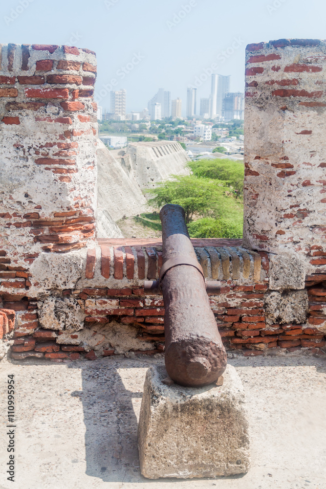 Cannon at the Castillo de San Felipe de Barajas castle in Cartagena de Indias, Colombia.