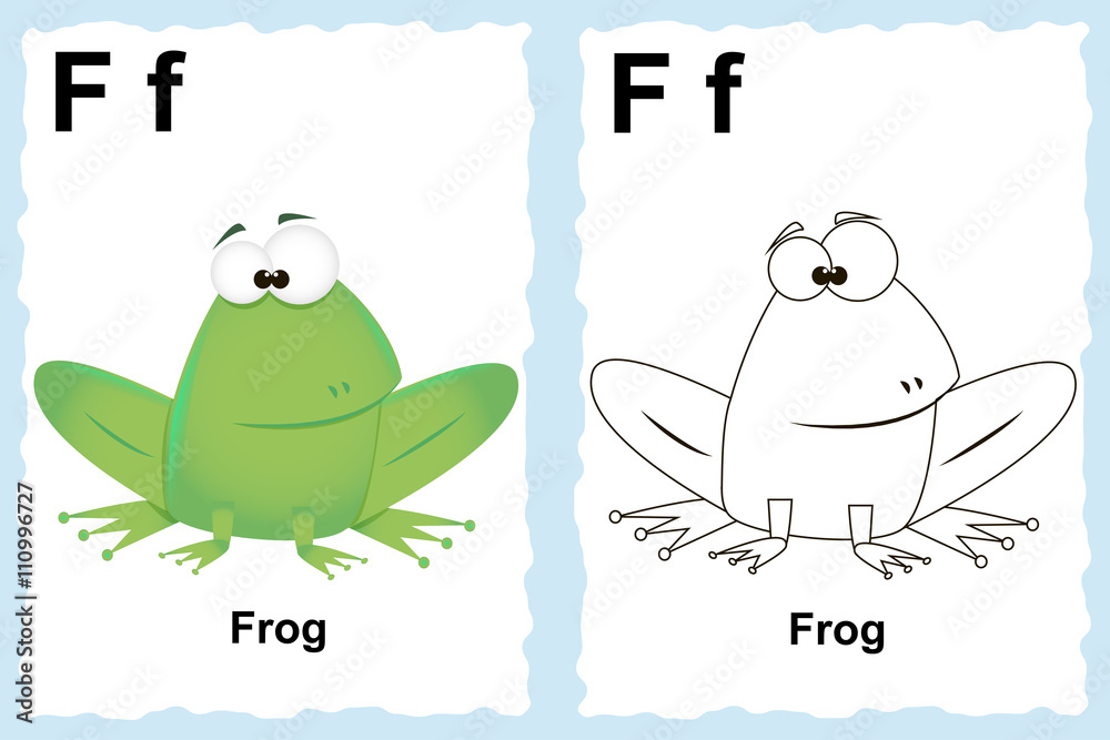 Fototapeta premium Animal alphabet. Alphabet coloring book page with outline clip art to color. Letter F