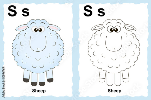 Animal alphabet. Alphabet coloring book page with outline clip art to color. Letter S