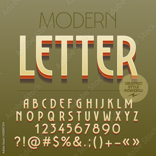 Retro styled 3D Art Deco set of alphabet letters, numbers and punctuation symbols with shadow