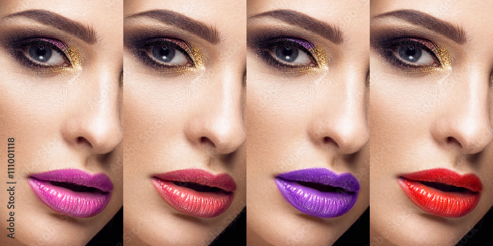 Collection: eyes and lips red and purple hues. The palette of lipsticks. Close-up