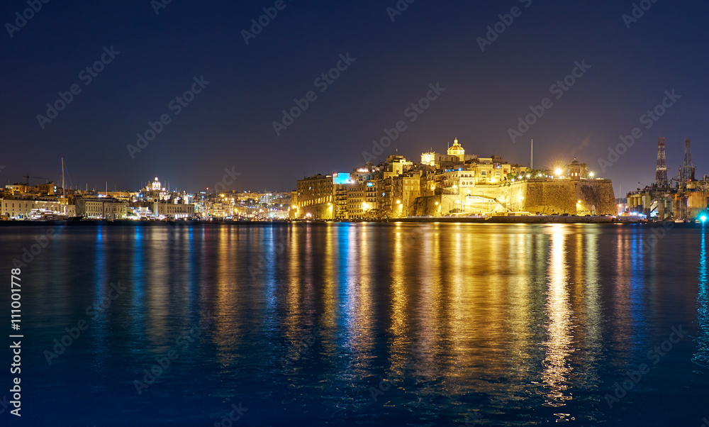 The night view of Grand Harbour and Senglea peninsula, Malta