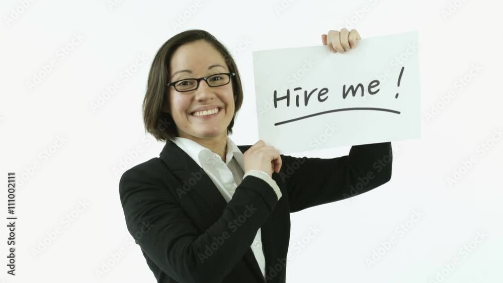 caucasian business woman isolated on white unemployed holding hire me sign caucasian business woman isolated on white unemployed holding hire me sign