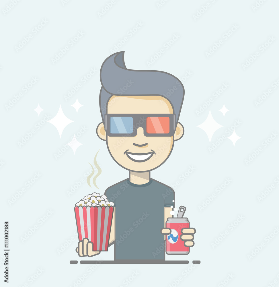 Boy wearing 3D glasses holding coke and popcorn box.