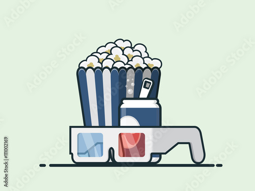 Popcorn, coke and 3D Glasses vector icon.