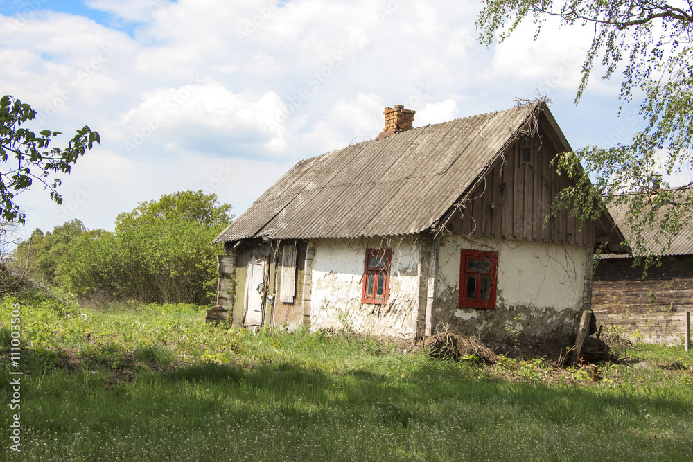 Obraz premium Old abandoned farmhouse near blooming trees against the bright spring sky - life goes on. «If time exists in nature, then it is not already open ...». (Konstantin Tsiolkovsky).