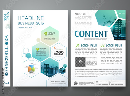 Brochure design template vector. Flyers annual report business magazine poster.Leaflet cover book presentation with abstract blue hexagon background and flat city. Layout in A4 size.illustration.