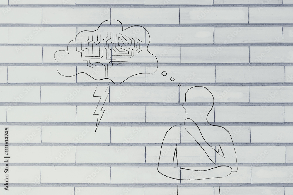 man with stormy brain thought bubble, concept of brainstorming man with stormy brain thought bubble, concept of brainstorming