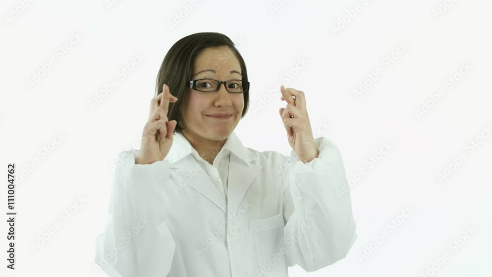 woman scientist with lab coat isolated on white worried with fingers crossed woman scientist with lab coat isolated on white worried with fingers crossed