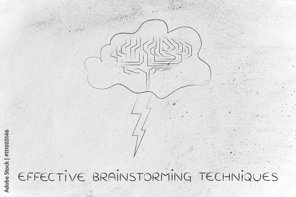 stormy cloud with brain and bolt, effective brainstorming techni Stock