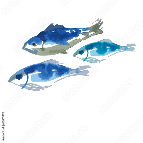 blue fish set watercolor illustration