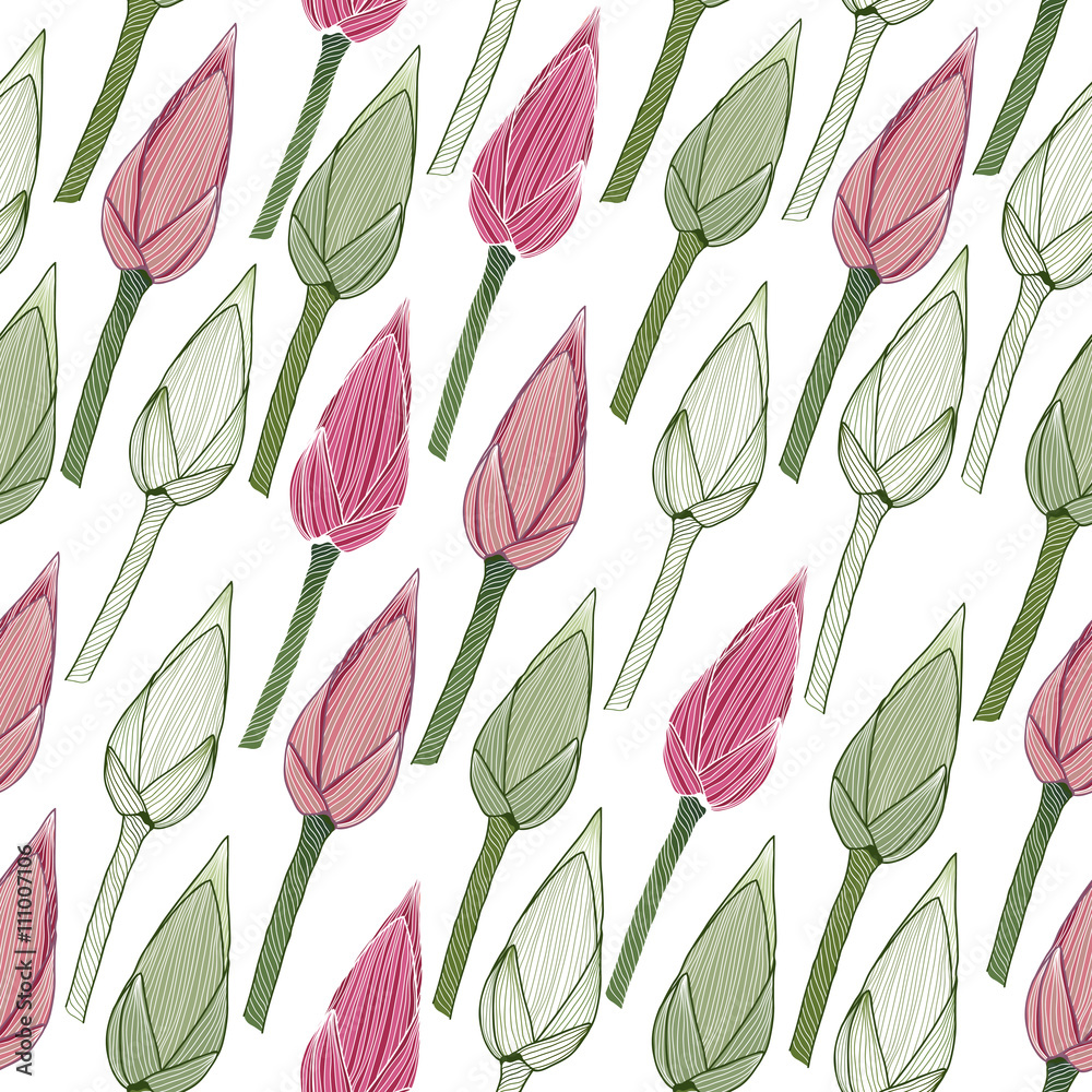 Simple floral pattern. Lotus buds in the spring season. Seamless background. Endless texture. Nature theme. Can be used for wallpaper, pattern fills, web page background, surface textures. Simple floral pattern. Lotus buds in the spring season. Seamless background. Endless texture. Nature theme. Can be used for wallpaper, pattern fills, web page background, surface textures.