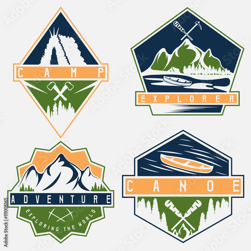 canoe, camping and adventure vintage vector labels set