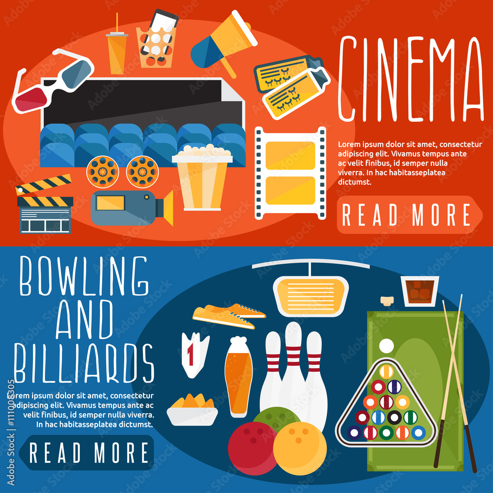 Fototapeta premium flat design horizontal banners with cinema,bowling and billiards