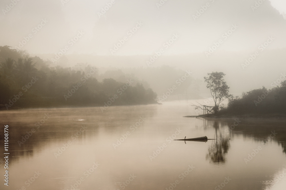 Fototapeta premium Foggy landscape with a tree silhouette on a fog over lake