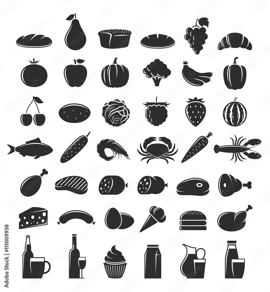 Vector food and drink icons set isolated on white