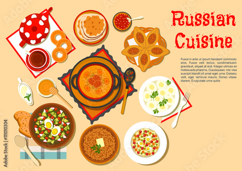 Popular main dishes and dessert of russian cuisine