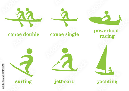 canoe double, canoe single, powerboat racing, surfing, jetboard, yachting, sport icons