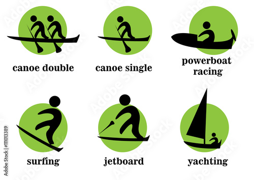 canoe double, canoe single, powerboat racing, surfing, jetboard, yachting, sport icons