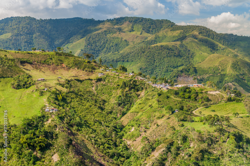 Fototapeta premium View over valley near Salto de Bordones waterfall, Colombia