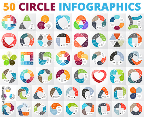 Vector circle infographics set. Business diagrams, arrows graphs, startup presentations and idea charts. Data options, parts, steps or cycle processes.  photo