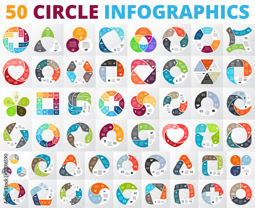 Vector circle infographics set. Business diagrams, arrows graphs, startup presentations and idea charts. Data options, parts, steps or cycle processes. 