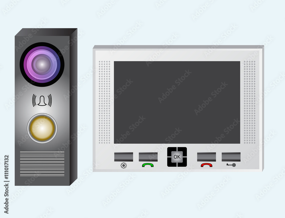 Intercom. Video intercom. The monitor and the outdoor panel with a video camera. The device has an electromagnetic or electromechanical lock. The device is equipped with a speakerphone. Intercom. Video intercom. The monitor and the outdoor panel with a video camera. The device has an electromagnetic or electromechanical lock. The device is equipped with a speakerphone.
