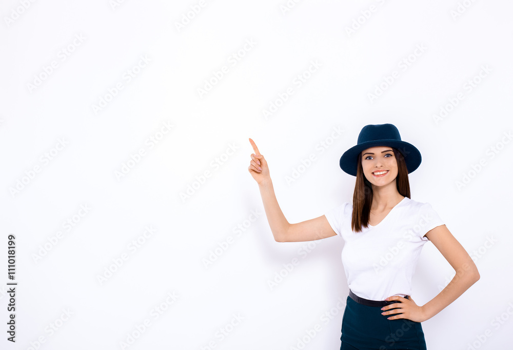 Pretty girl displaying your product Portrait of cheerful young woman displaying your product over white background Pretty girl displaying your product Portrait of cheerful young woman displaying your product over white background