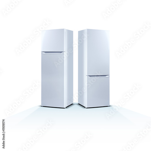 Two refrigerators on white background, fridge freezers isolated on white