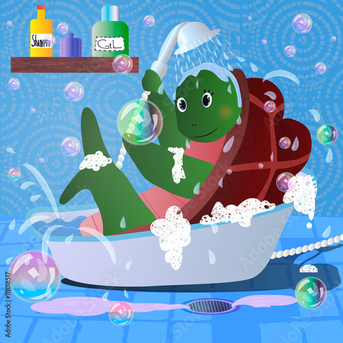 Vector cartoon picture of turtle in bathroom towel