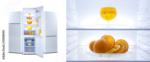 Refrigerator,  modern stylish design. Interior, inside  image, glass shelf, oranges, cocktail, jelly bean, clean, light, web banner, three refrigerators, collage