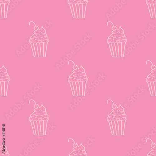 Cute colorful hand drawn pink cupcake seamless pattern background.