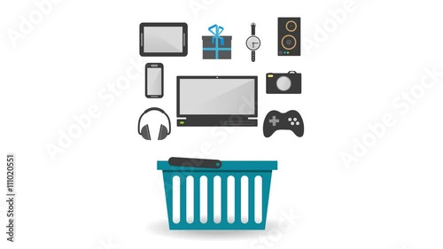 shopping basket with various electronics icons 4k motion animation commerce background