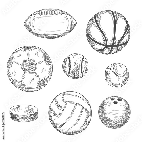 Sketches of sporting balls and ice hockey puck