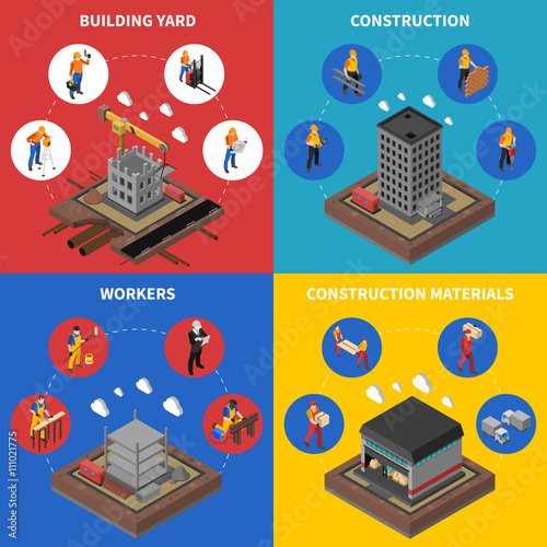 Construction Isometric Concept Icons Set 