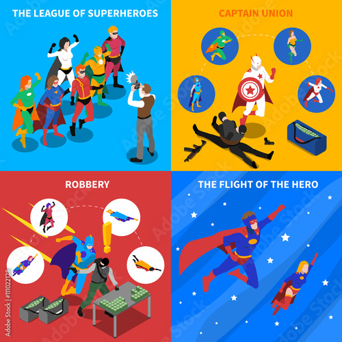 Superhero Concept Isometric Icons Set 