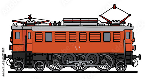 Old orange electric locomotive / Hand drawing, vector illustration