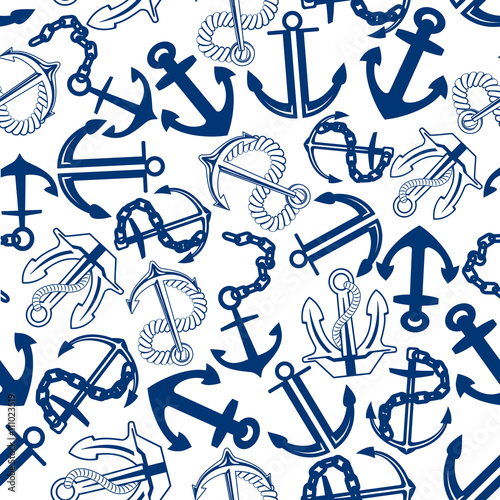 Blue anchors with chains, ropes seamless pattern photo