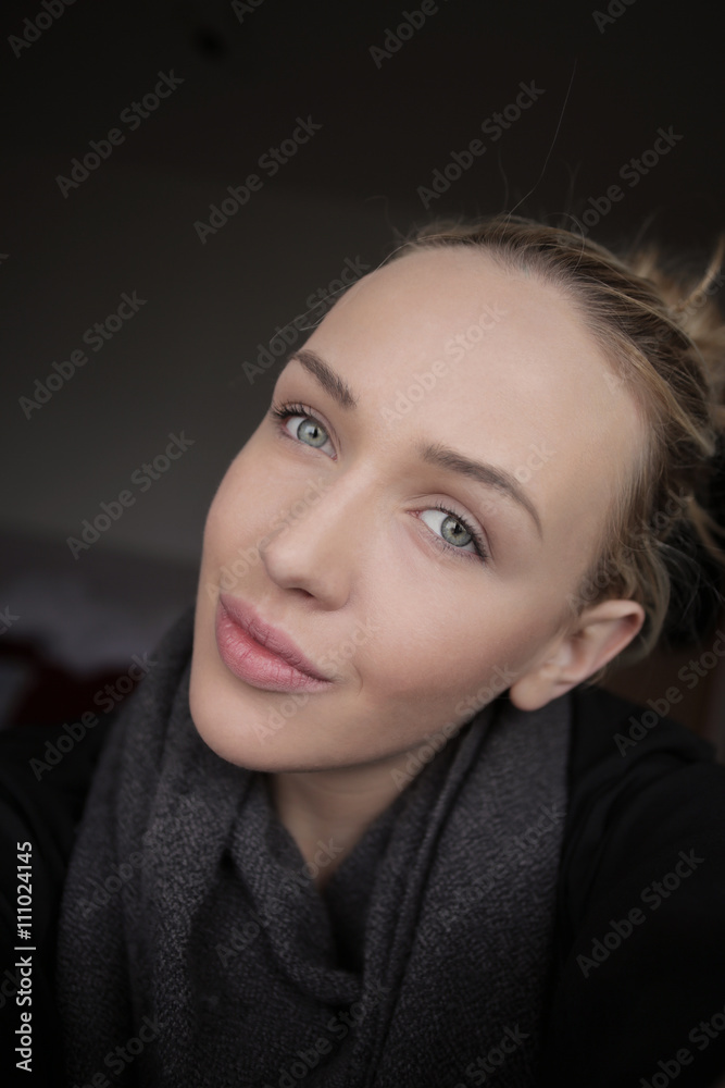 Portrait of beautiful blonde girl taking selfie. Portrait of beautiful blonde girl taking selfie.