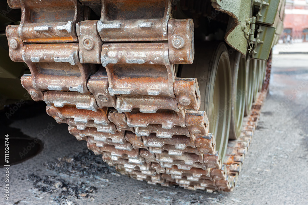 Close up view of caterpillar of the Russian armored tank